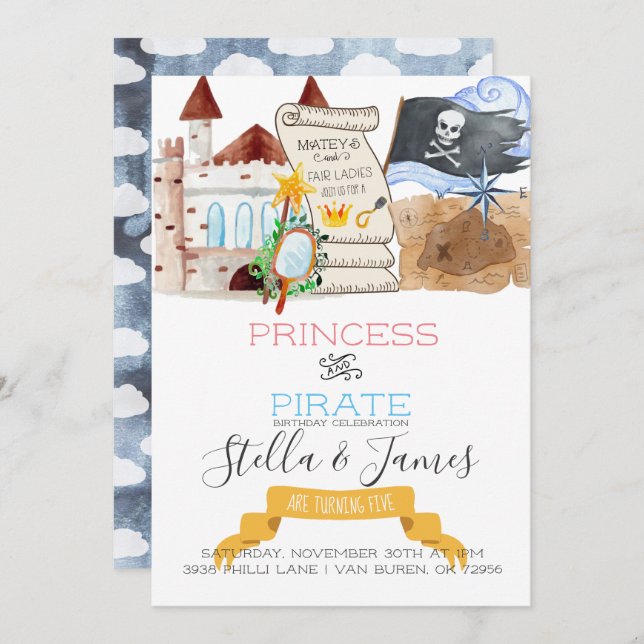 Convite Princesa e Festa de aniversário de Pirata (Frente/Verso)