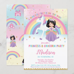 Convite Princesa e Festa de aniversário Unicórnio Rainbo