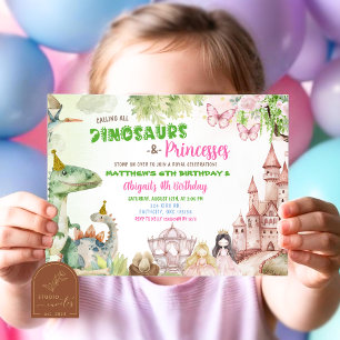 Convite Princesa e Menina Dinossauros Parto Aniversário
