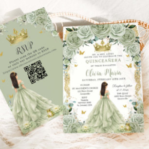 Convite Princesa e Sapo Verde Oliva Floral Quinceañera QR