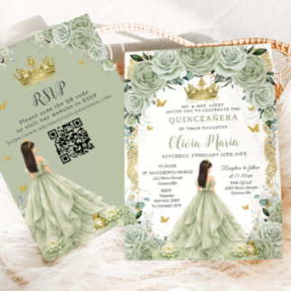Convite Princesa e Sapo Verde Oliva Floral Quinceañera QR