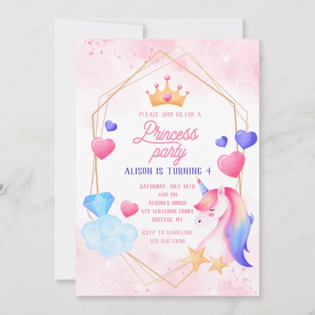 Convite Princesa e sua Festa de aniversário Unicórica (Frente)