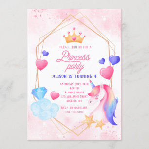 Convite Princesa e sua Festa de aniversário Unicórica