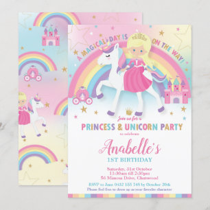 Convite Princesa e Unicórnio Aniversários Rainbow