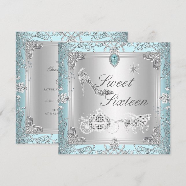 Convite Princesa Elegante Diamond Blue Sweet 16 Dezesseis (Frente/Verso)
