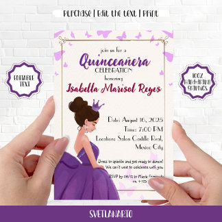 Convite Princesa Elegante Lilás para Quinceañera
