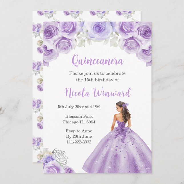Convite Princesa em Dusty Purple Dress Quinceanera (Frente/Verso)
