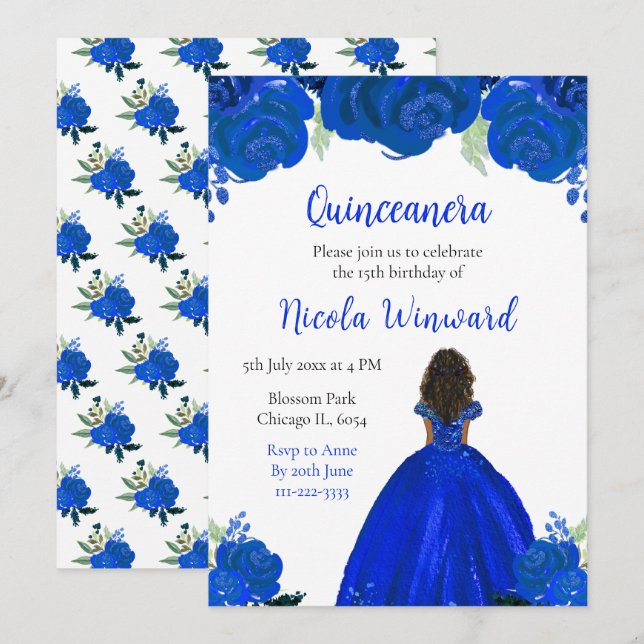 Convite Princesa Escura Princesa Azul Quinceanera (Frente/Verso)