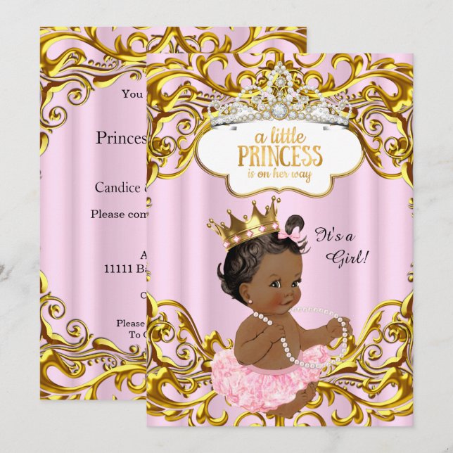 Convite Princesa está a caminho Chuveiro de Bebê Rosa Étni (Frente/Verso)