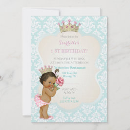 Convite Princesa Étnica Bebê Menina Coroa Dourada Aqua Ros
