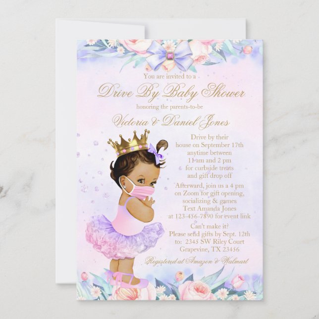 Convite Princesa Étnica Com Máscara Chuveiro de Bebê Drive (Frente)