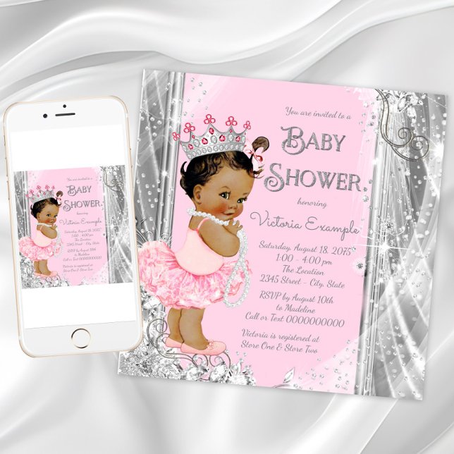 Convite Princesa Étnica Tutu Rosa Prata Chás de Bebê (Pink silver princess baby shower invitation. Instant download and printed invitations available.)