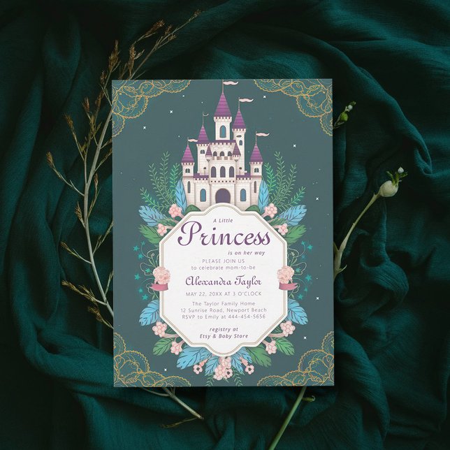 Convite Princesa Fairytale Castle Forest Baby Girl Chá (princess girl baby shower invitation enchanted forest magical castle emerald greenery frame)
