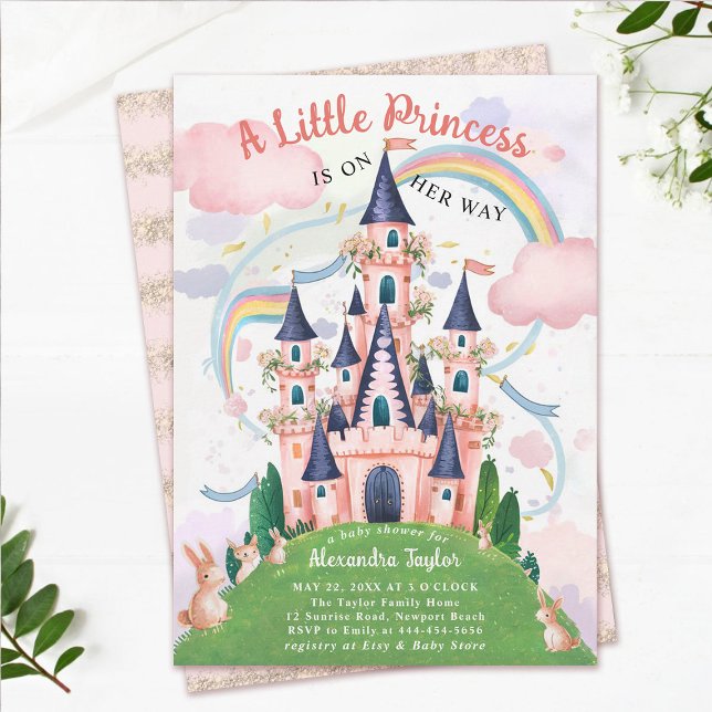 Convite Princesa Fairytalle Castle Bunny Baby Girl Chá (princess baby shower invitation pink fairytale enchanted garden bunny rabits magical castle cute)