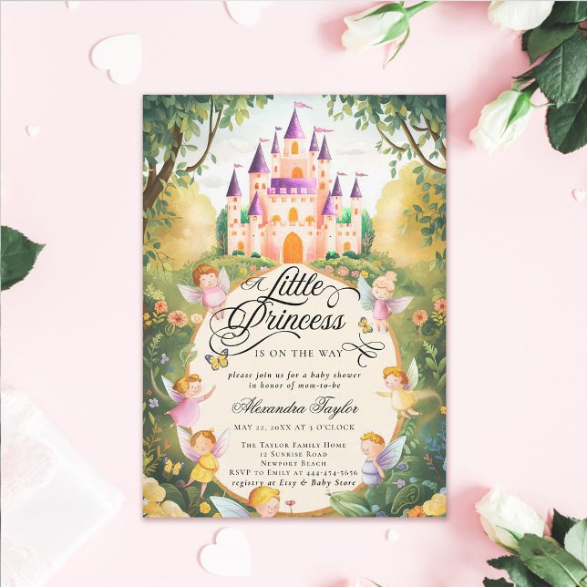 Convite Princesa Fairytalle Castle Fairies Baby Girl Chá (princess baby shower invitation pink fairytale enchanted forest fairy godmothers magical castle)