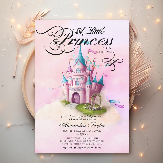 Convite Princesa Fairytalle Castle Pink Baby Girl Chá (princess baby shower invitation pink fairytale enchanted magical castle watercolor cute modern)