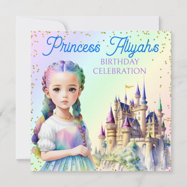 Convite Princesa Fantasia Castelo Arco-íris Pastel Mágico (Frente)