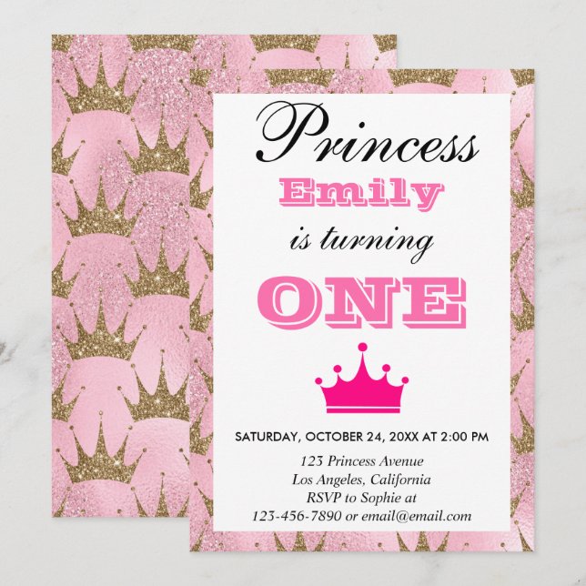 Convite Princesa Feminina Rosa e Dourado Brilho Primeiro A (Frente/Verso)