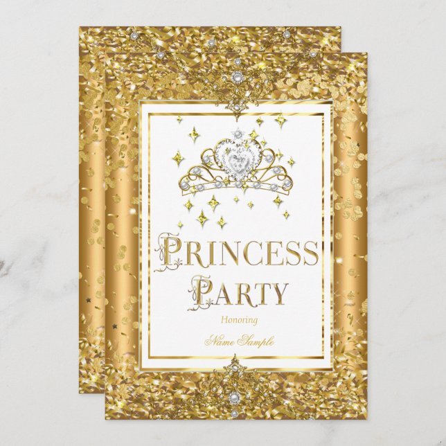Convite Princesa Festa de aniversário Dourada confetti Tia (Frente/Verso)