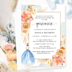 Convite Princesa Floral Azul Elegante Quinceañera