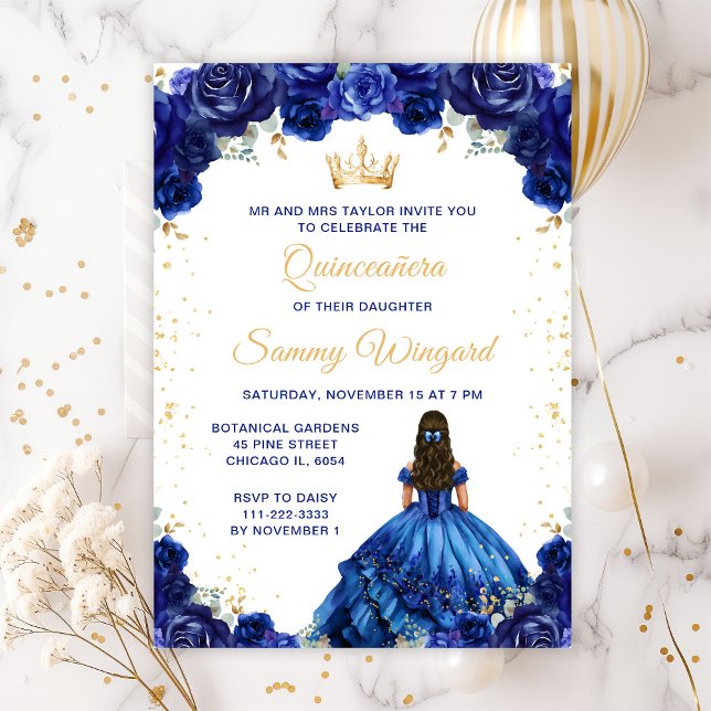 Convite Princesa Floral Azul Escuro Quinceañera (Criador carregado)