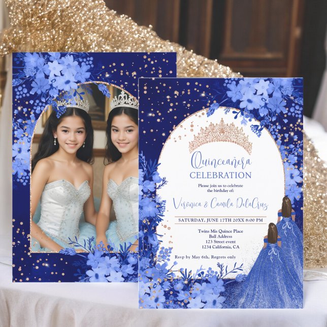 Convite princesa floral azul rosa de ouro Gêmeos Quinceane (Rose gold blue floral princess Twins Quinceanera Invitation)