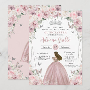 Convite Princesa Floral Branca e Blush Quinceañera XV 16