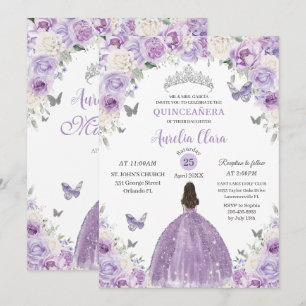 Convite Princesa Floral Branca Púrpura Quinceañera XV 16