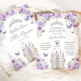Convite Princesa Floral Branca Roxa Castelo Quinceañera XV
