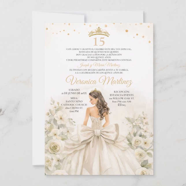Convite Princesa Floral de Creme de Marfim Espanhol Sweet  (Frente)