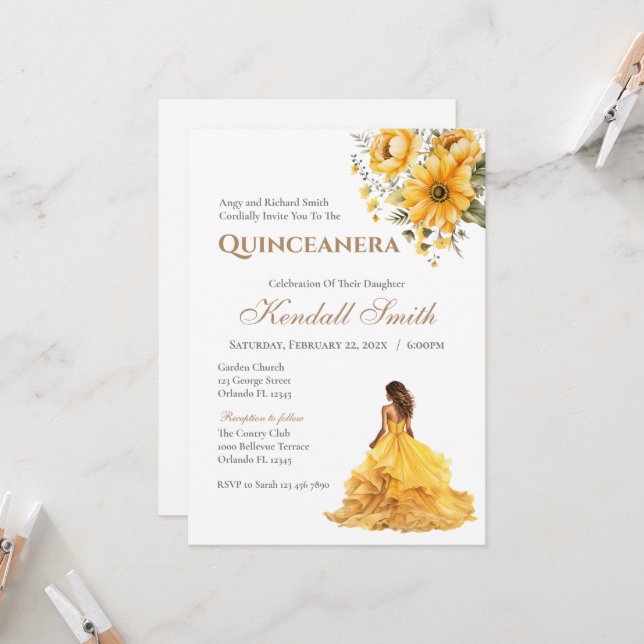 Convite Princesa Floral Dourada e Amarela Quinceanera (Frente/Verso In Situ)
