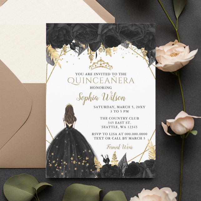 Convite Princesa Floral Dourada Elegante Quinceañera Inv (Elegant Black Gold Floral Princess Quinceañera Invitation)