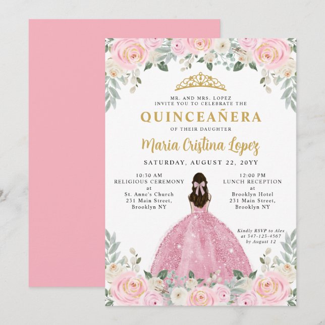 Convite Princesa Floral Dourada Rosa Blush Tiara Quinceañe (Frente/Verso)