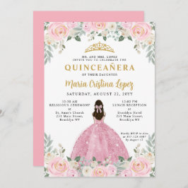 Convite Princesa Floral Dourada Rosa Blush Tiara Quinceañe