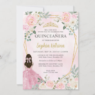Convite Princesa Floral Dourada Rosa Blush Tiara Quinceañe