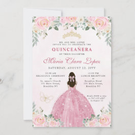 Convite Princesa Floral Dourada Rosa Blush Tiara Quinceañe