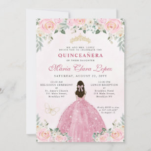 Convite Princesa Floral Dourada Rosa Blush Tiara Quinceañe