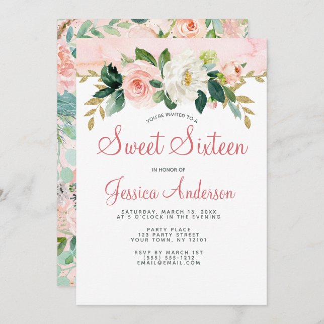 Convite Princesa Floral Dourada Rosa Doce Sessenta Anivers (Frente/Verso)