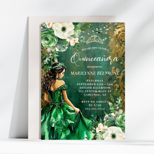 Convite Princesa Floral Dourada Verde Quinceañera (Criador carregado)