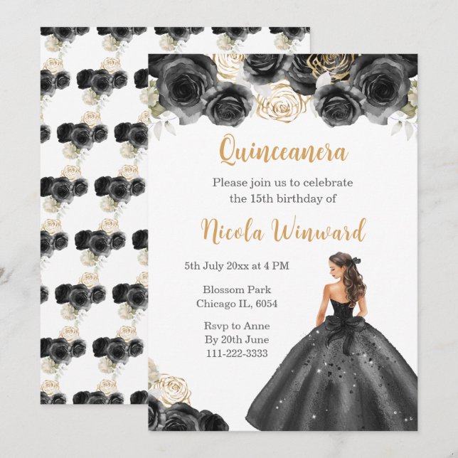 Convite Princesa Floral em Black Dress Quinceanera (Frente/Verso)