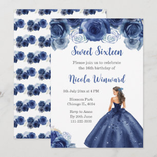 Convite Princesa Floral em Marinho Azul Vestido 16