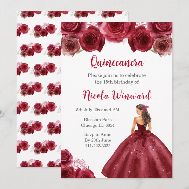 Convite Princesa Floral em Red Dress Quinceanera (Frente/Verso)