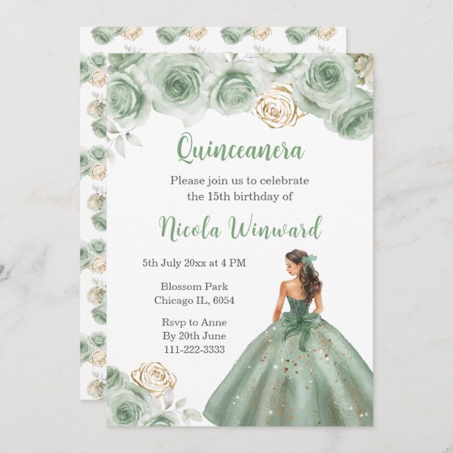 Convite Princesa Floral em Sage Green Dress Quinceanera (Frente/Verso)