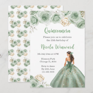Convite Princesa Floral em Sage Green Dress Quinceanera