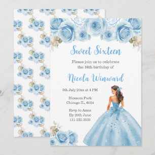 Convite Princesa Floral em Vestido Azul Doce Dezesseis