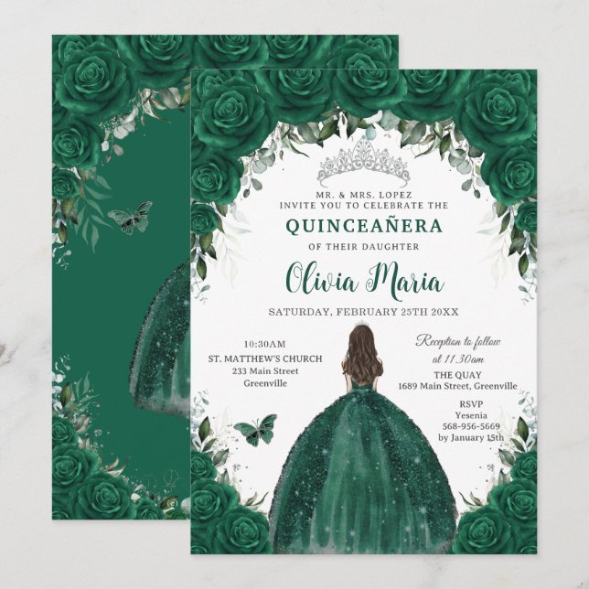 Convite Princesa Floral Esmeralda Prata Quinceañer (Frente/Verso)