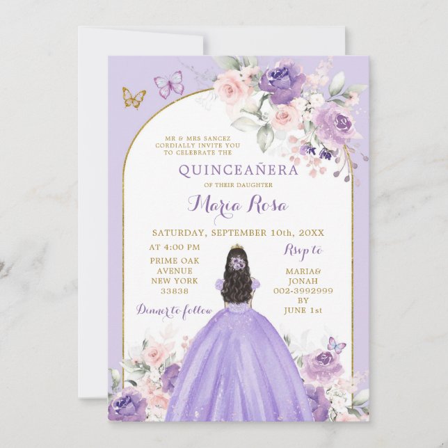 Convite Princesa Floral Lilac Rosa Blush Quinceañera (Frente)