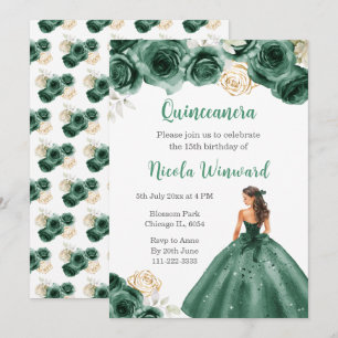Convite Princesa Floral na Cintura Verde Escura Quinceaner