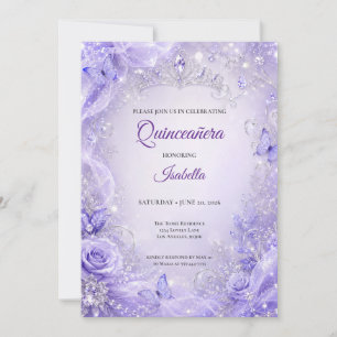 Convite Princesa Floral Prata Roxa Quinceañera
