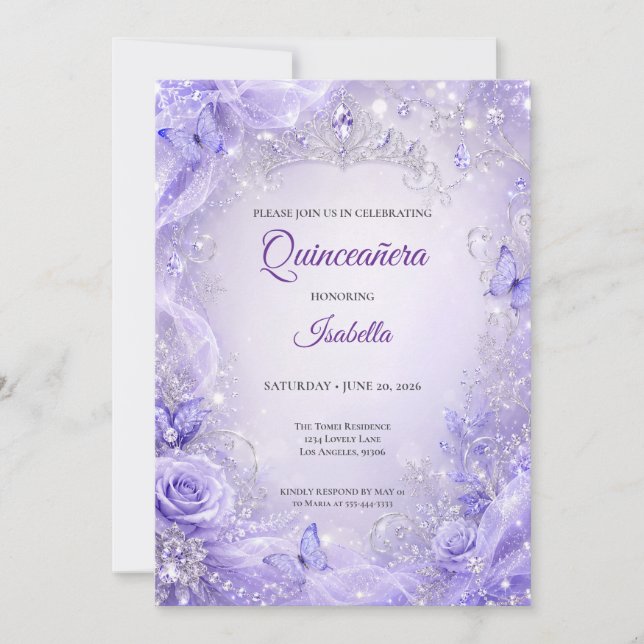 Convite Princesa Floral Prata Roxa Quinceañera (Frente)